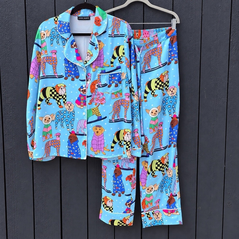 Karen Mabon Ski Dogs Satin Pajama Set S Christmas Graphic Whimsical Novelty